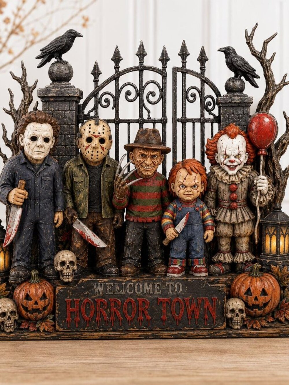 Wooden Halloween Horror Figurine, Creepy Masked Monsters, Gothic Tabletop Shelf